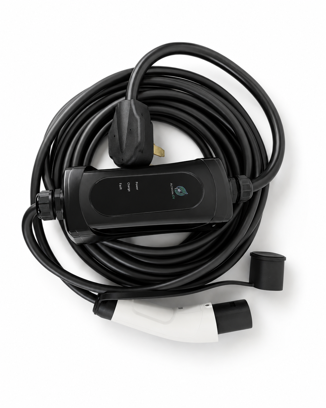 A coiled black EV charger cable with a black control box, white and black connector plug, and a small green logo on a white background.