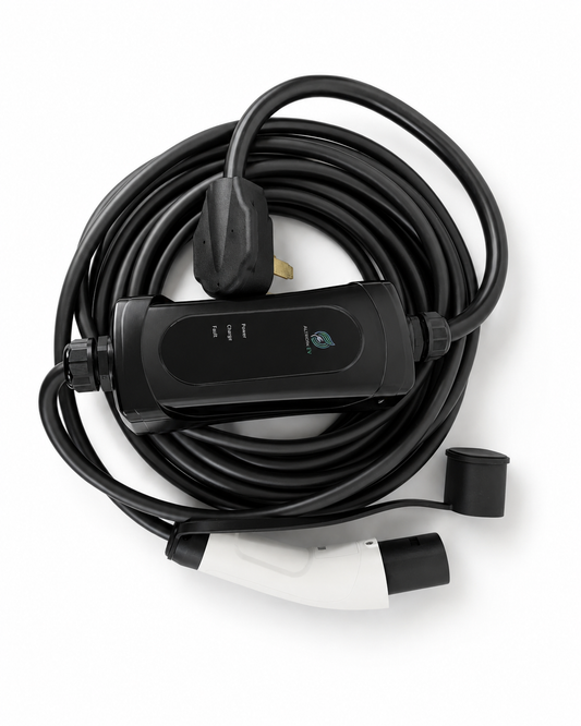 A coiled black EV charger cable with a black control box, white and black connector plug, and a small green logo on a white background.